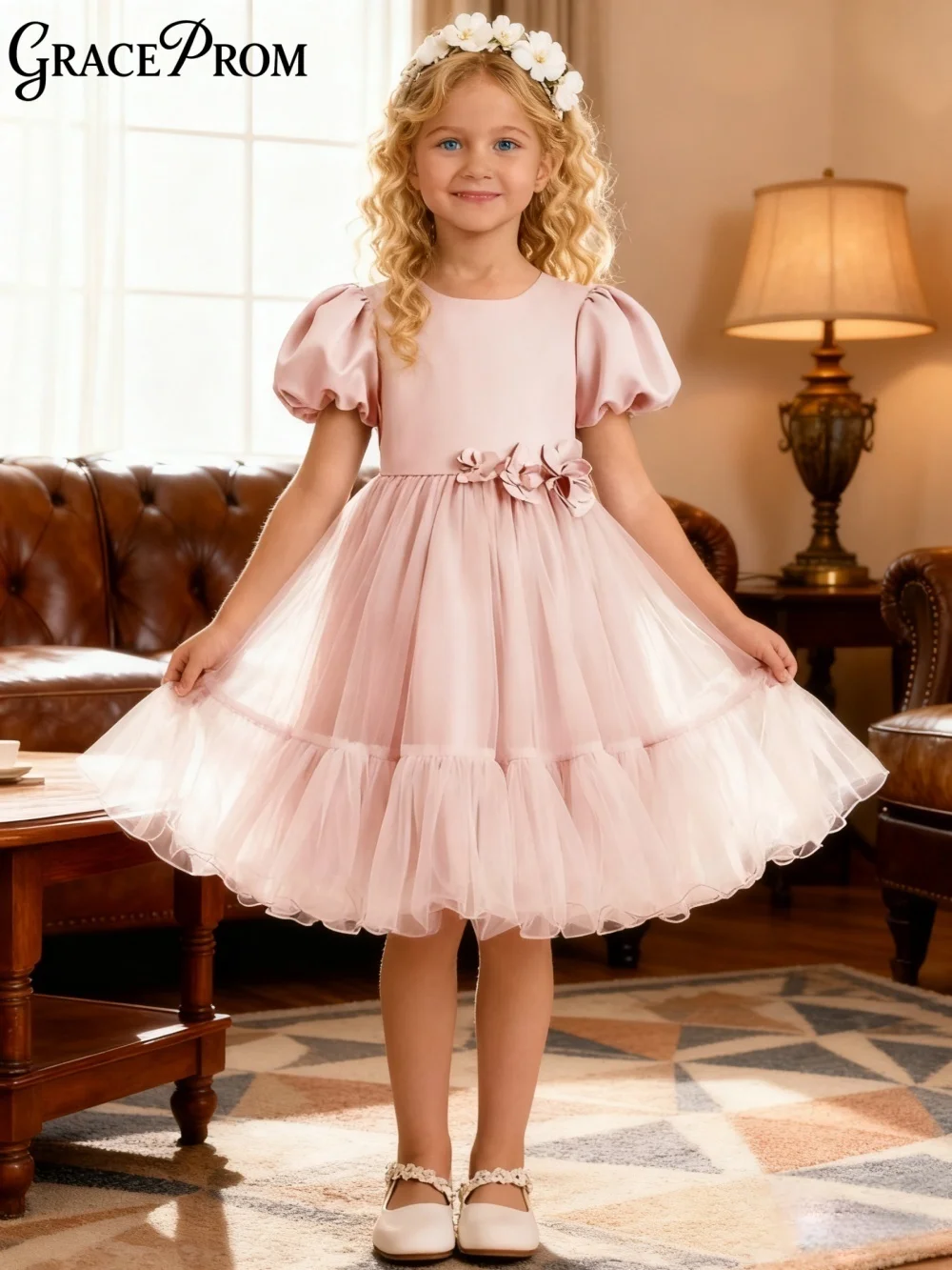 

Romantic Short-Sleeved Ring Girl Dress Girl Stage Show Dress Wedding Girl Princess Dress Classic Satin Floor-Length Party Gown