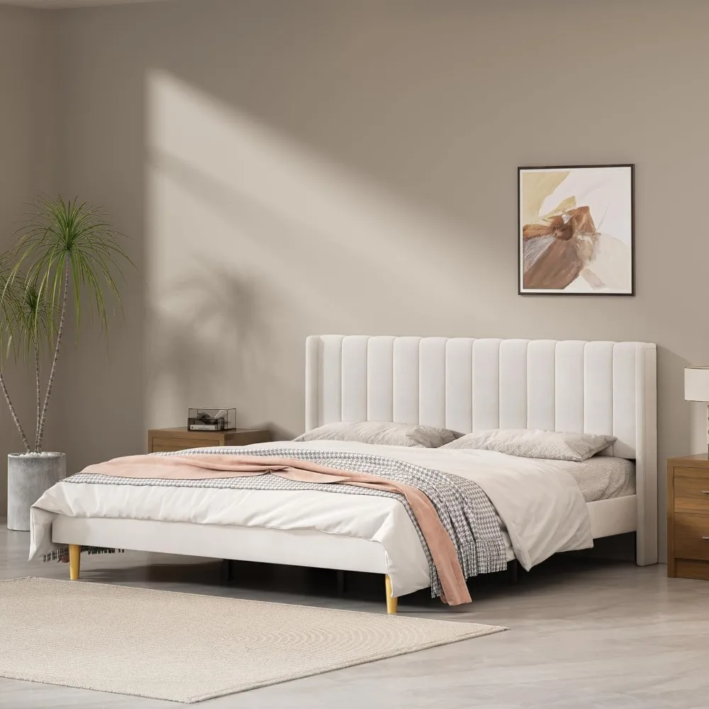

Queen Size Upholstered Platform Bed Frame with Modern Wingback & Vertical Panel Headboard, Velvet Fabric, Wooden Legs