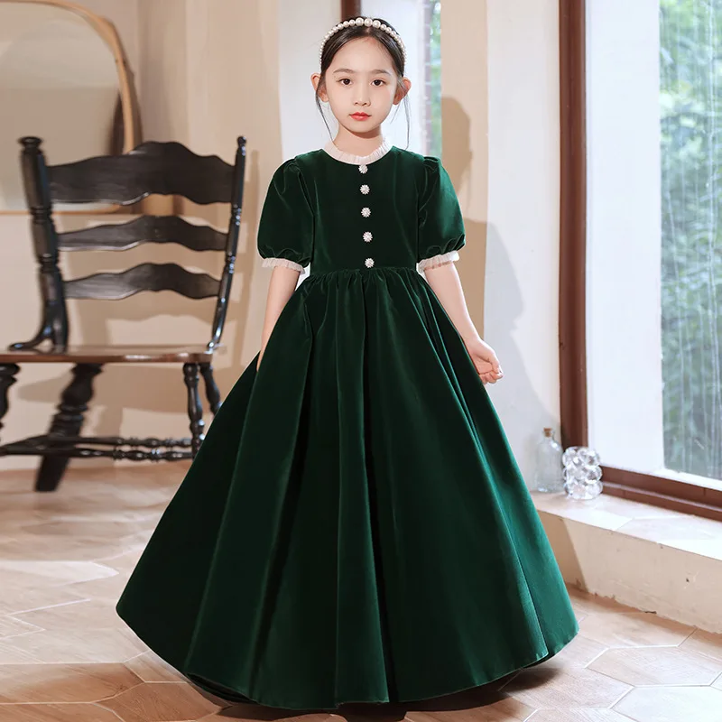 Autumn Green Ball Gown Flower Girl Dress Velvet Long Princess Dress for Weddings Pageant Prom Christmas New Year Formal dresses