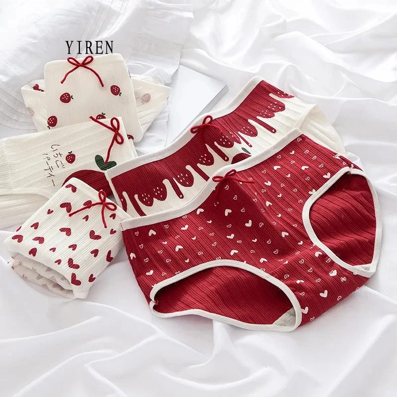 Christmas Cotton Panties Underwear Women Mid Waist Briefs Female Lingerie Strawberry Hearted Printed Design Ladies Sexy Pantys