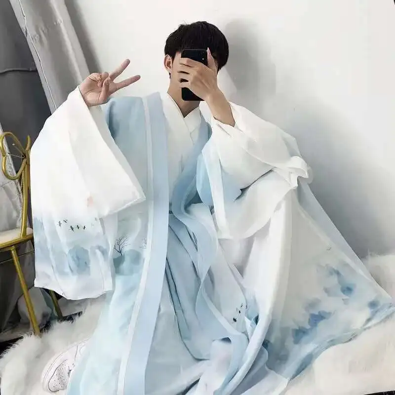 Male Student Hanfu Blue&White Dyeing 3Pcs Sets Halloween Cosplay Costume Chinese Traditional Party Outfit Plus Size For Men