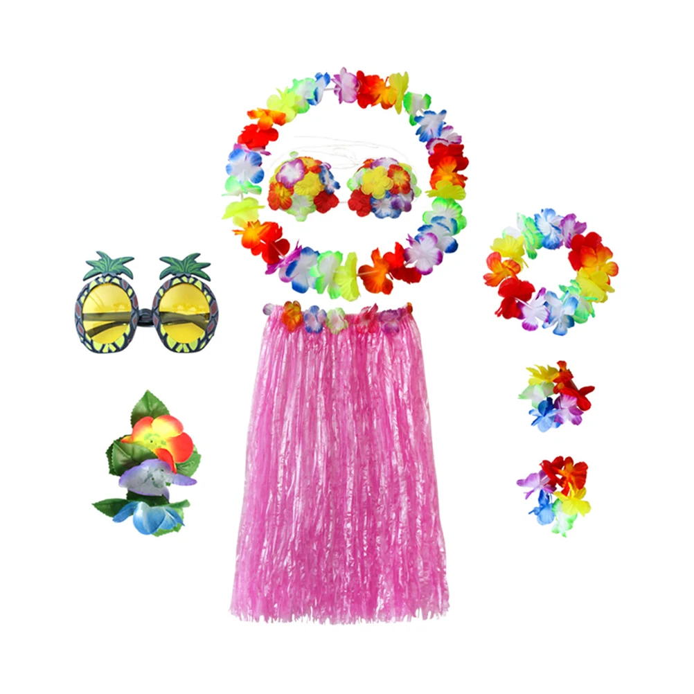 

8 PCS Dance Costume Pink Grass Skirt Hawaii Photo Dress-up Skirts Luau Party Outfits Hawaiian Supplies Accessories