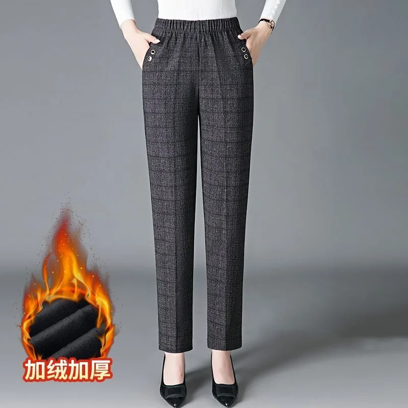 Korean Fashion Women Vintage Slim Pants Spring Autumn Streetwear New Elastic High Waist Stripe Plaid Straight Casual Trousers