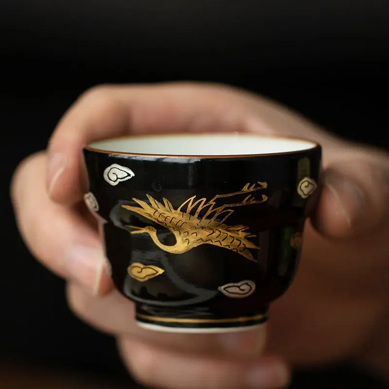 Handmade gold and silver crane, teacup master cup Japanese style, ceramic gift box, tea cup