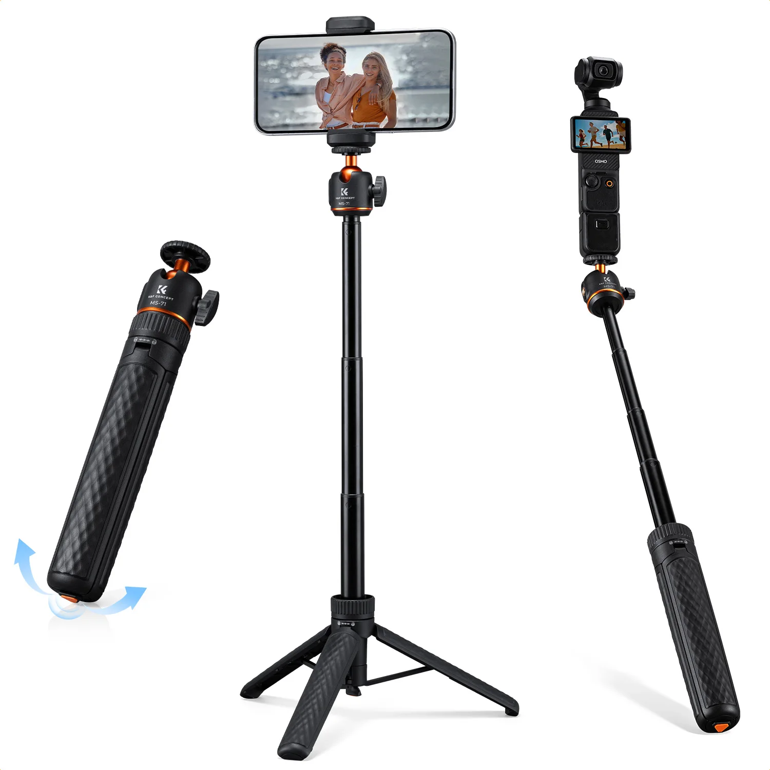 K&F CONCEPT 25,6'' Mini Selfie Stick Statief voor DJI Osmo Pocket 4 3 Action 6 5 Pro/GoPro/Insta360 X6 X5 Ace Pro 2 Live