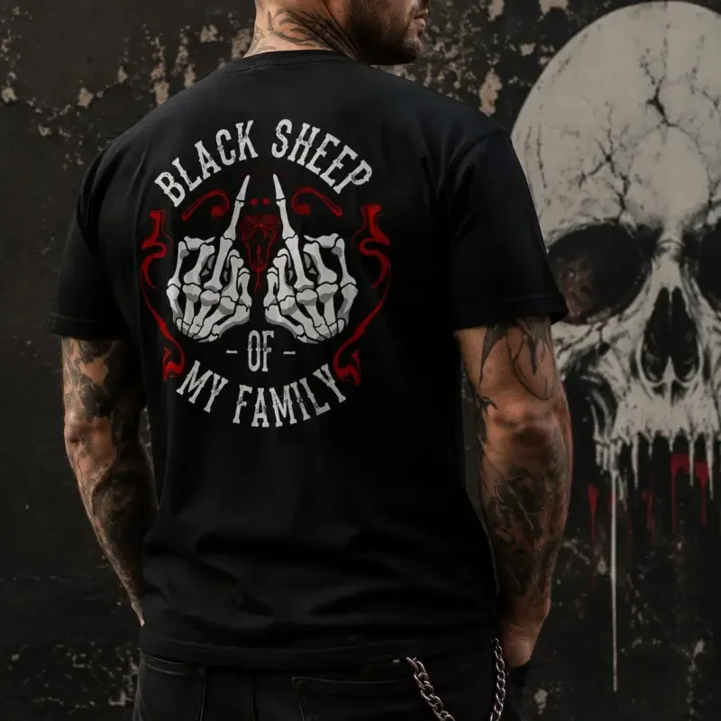 Men's Cotton Short-Sleeve Sports Top - Gothic Print Menswear, Edgy Black Sheep Skeleton Middle Finger Back Design Male Clothing, Fall Halloween Casual Wear Gift