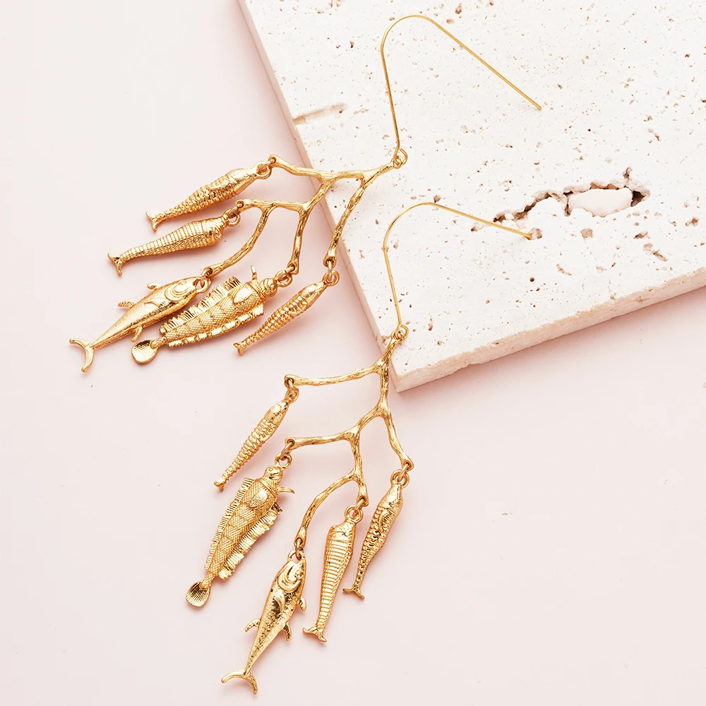 New In Vintage Earrings For Women Bohemia Gold Plated Earring Cute Metal Fishes Pendientes Multi Dangle Jewelry 2024 Fashion