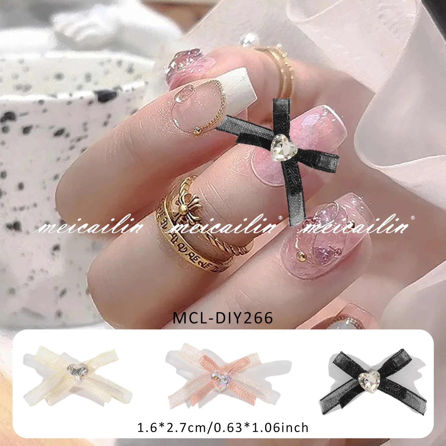 

YZ Hot-selling lace bow colorful fabric nail art accessories popular online versatile love rhinestone mesh accessories wholesale