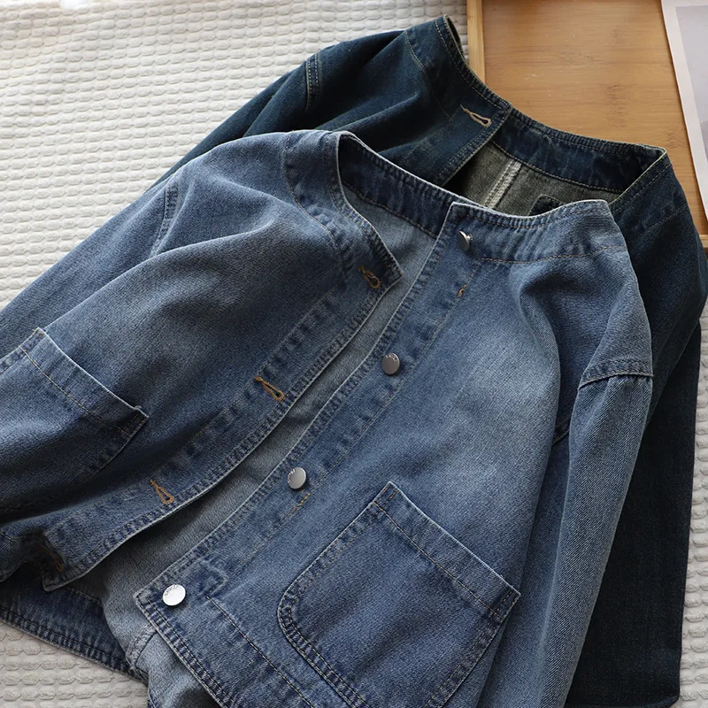 Women Denim Short Coat Loose Single Breasted Full Sleeve Jacket Round Neck Work Casual Vintage Washed Autumn Y2k Streetwear 2026