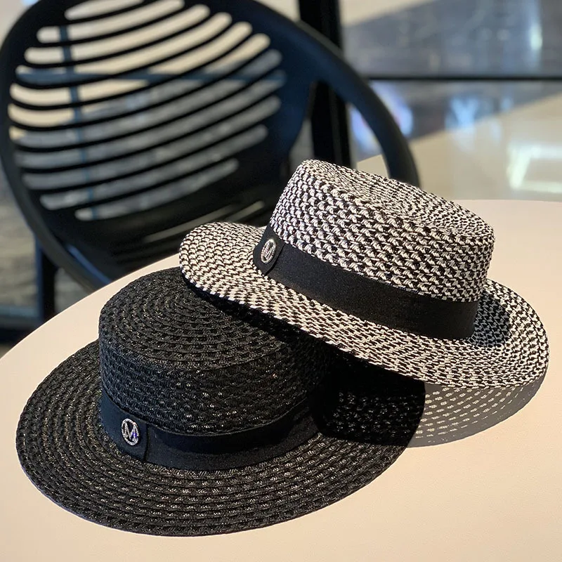 Summer Fashion M Letter Woven Hollow Flat Top Straw Hat Women Foldable Travel Holiday Sunshade Sunscreen Panama Beach Cap