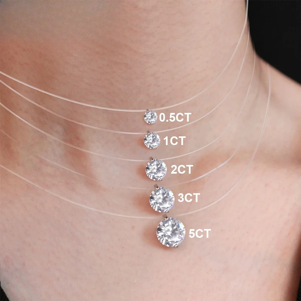 

D VVS1 0.5-5 Carat Moissanite Pendant Necklace For Women 925 Sterling Silver Transparent Fishing Line Chain Party Jewelry GRA