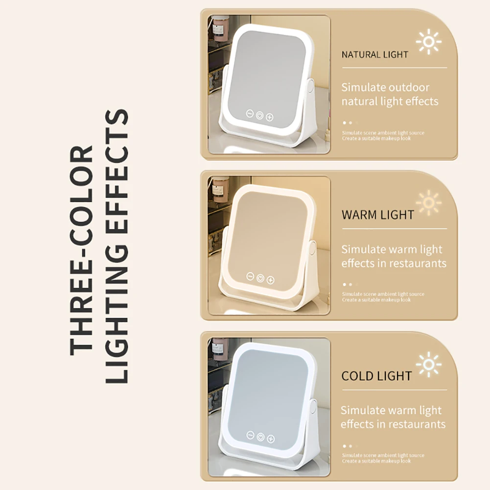Miroir de maquillage LED intelligent, 3 couleurs, éversible, écran tactile à intensité variable, miroirs cosmétiques, électrique rotatif, beauté de maquillage pour table