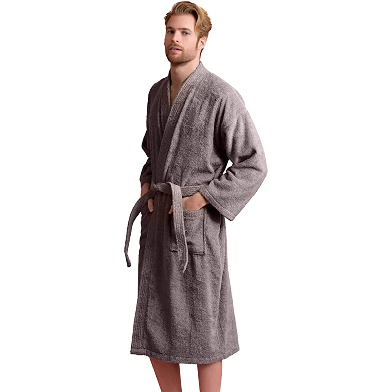 Absorb Water Men\'s Bathrobe Solid Long Sleeve Pockets Kimono With Sashes Terry Cotton Luxury Dressing Gown For Man 2024