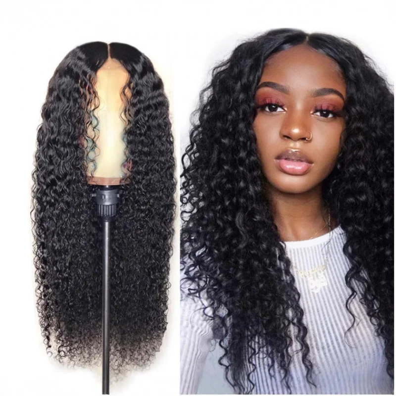 

European and American Fashion Women's African Long Hair Natural Black Middle Part Small Curly Synt