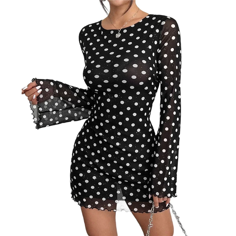 ASDS-Mini abito da donna in rete trasparente con tie-dye floreale, collo a lupetto, aderente, svasato, manica lunga, abito da spiaggia