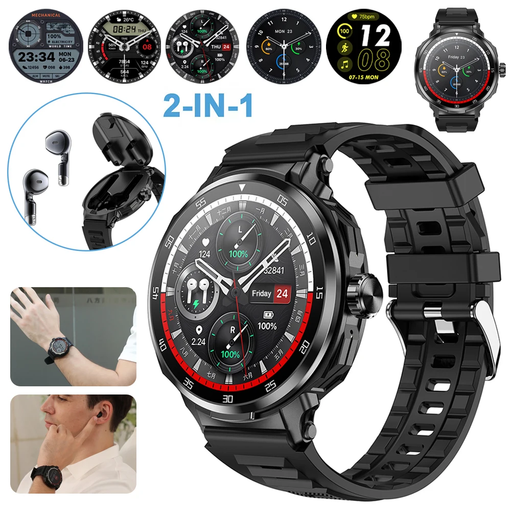 2024 New TWS Bluetooth Earphones 2-in-1 Men SmartWatch Heart Rate Blood Oxygen Monitoring Sports Watch BT Call Health Watch