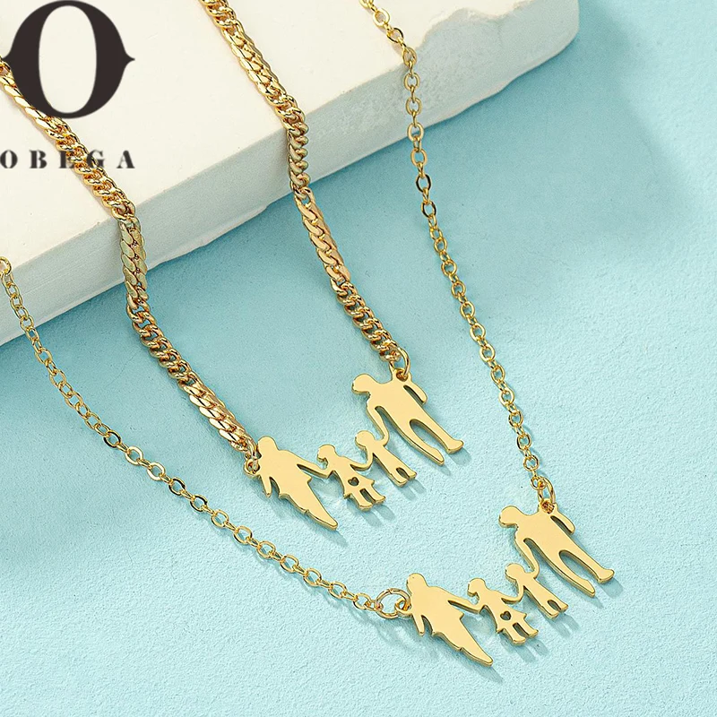 Obega 2PCS Bracelet Necklace Family Jewelry Set Dad Mom Children Pendant Lovely Pendant Gold Color Bracelet Trendy Jewelry Set