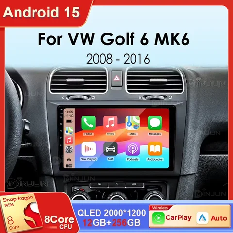 Android 15 For Volkswagen VW Golf 6 2008 - 2016 Qualcomm Car Radio Carplay Auto Multimedia Stereo Video Player GPS Navigation