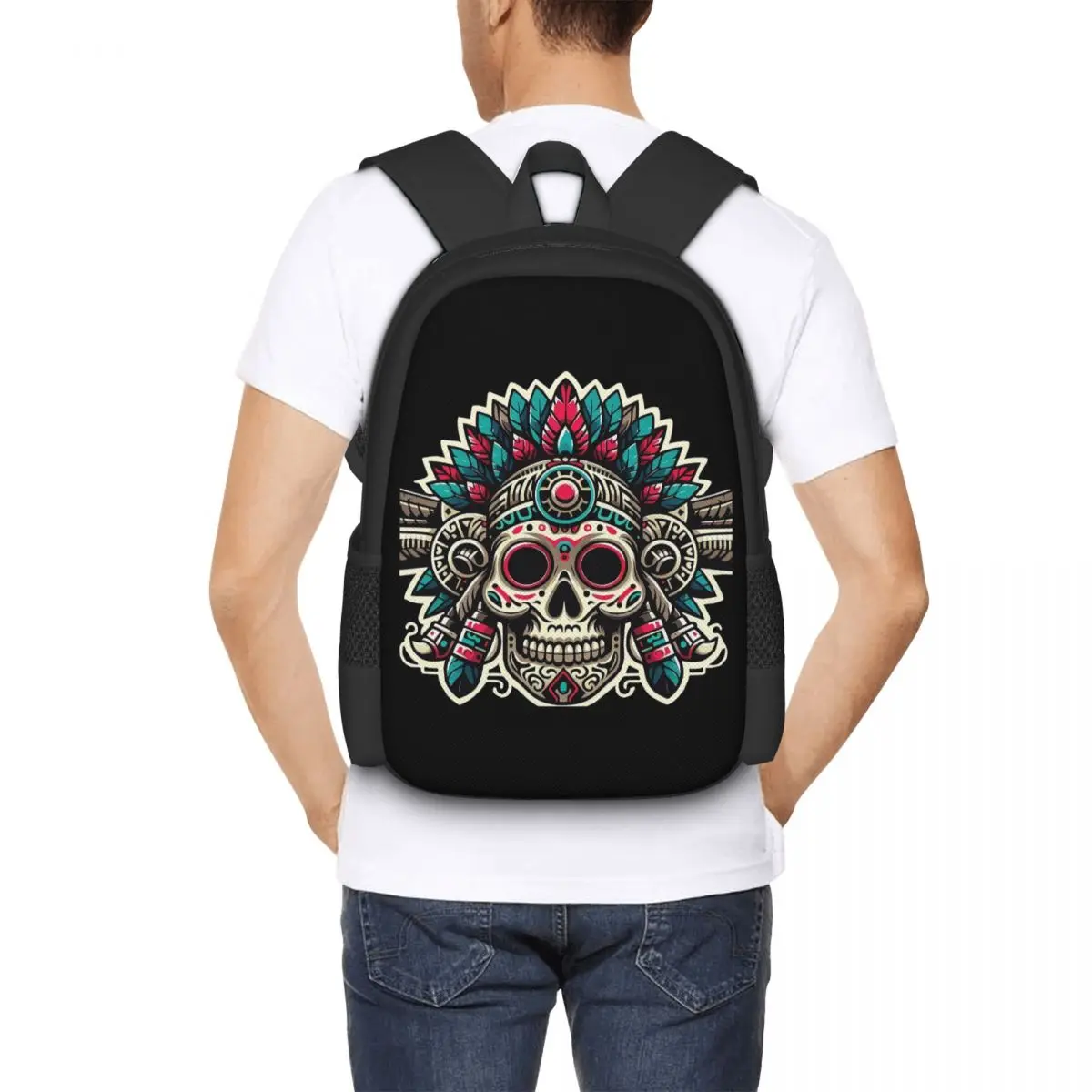 Aztec Skull With Plume Student Backpack School Bag Hiking Travel Daypack for Men Women Fashion Bookbag Shoulder Bags