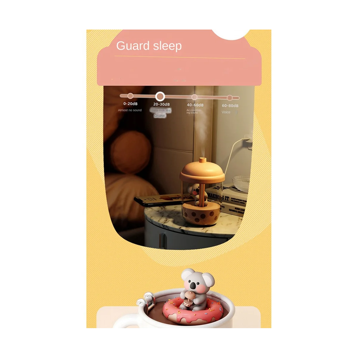 휴대용 코알라 우유 차 컵 공기 정화 가습기, USB 데스크탑 물 무화기 디퓨저, 침실 핑크, 450ml