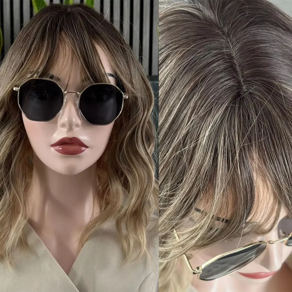 Short Ash Blonde Wavy Bob Wig with Bangs Ombre Blonde Synthetic Wig with Dark Roots 14” Heat Resistant Natural Looking Hair