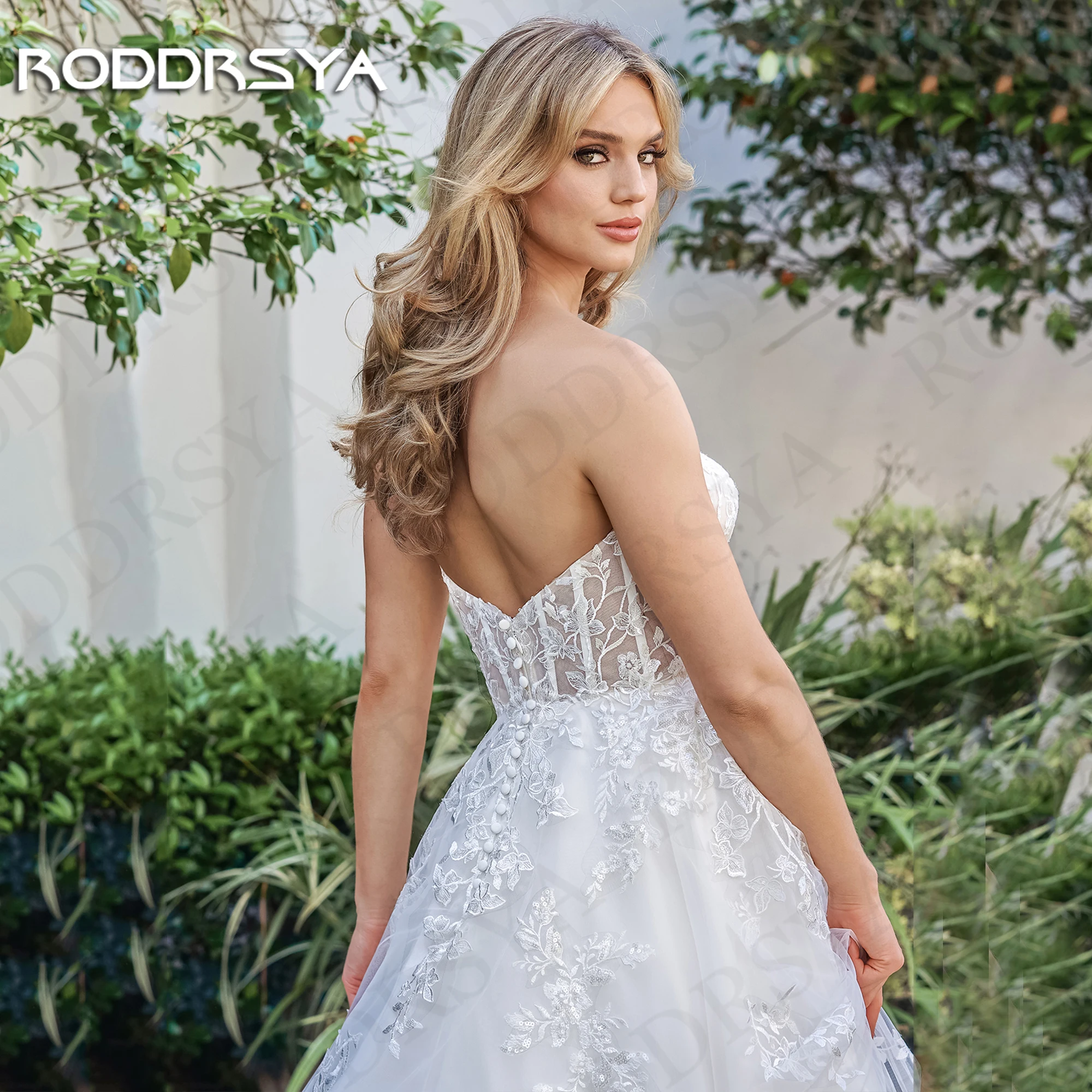 RODDRSYA-encantador vestido de novia de tul sin tirantes para mujer, vestidos de novia con apliques de línea A, sin mangas, escote Corazón Encantador vestido de novia de tul  Sin tirantes de encaje en línea Apliques ve