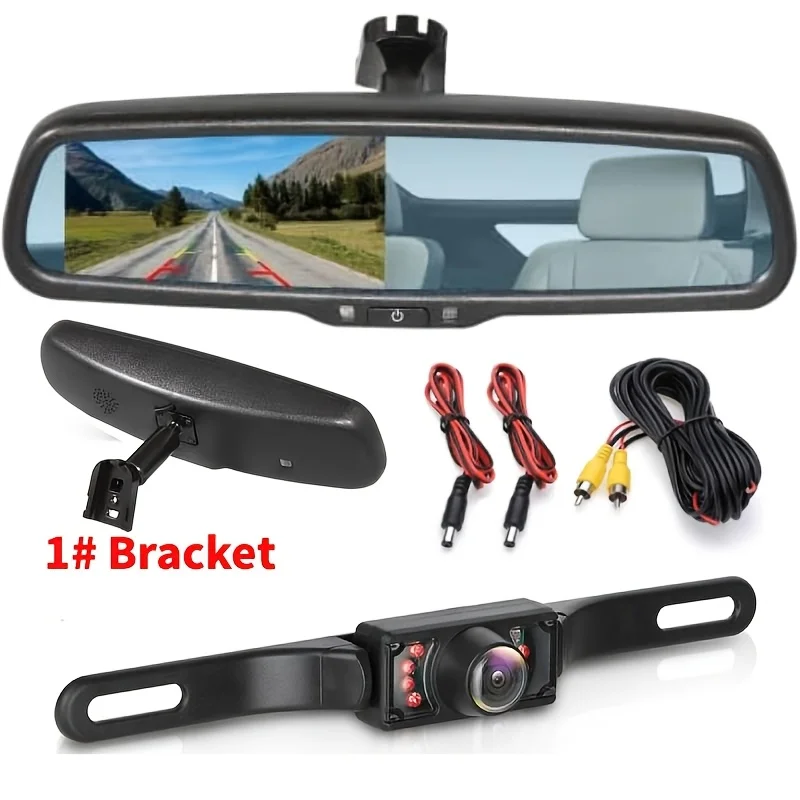4.3” Rear View Mirror Monitor & 7-LED License Plate Backup Camera Compatible for BUICK, for CHEVROLET, for Ford, for HONDA