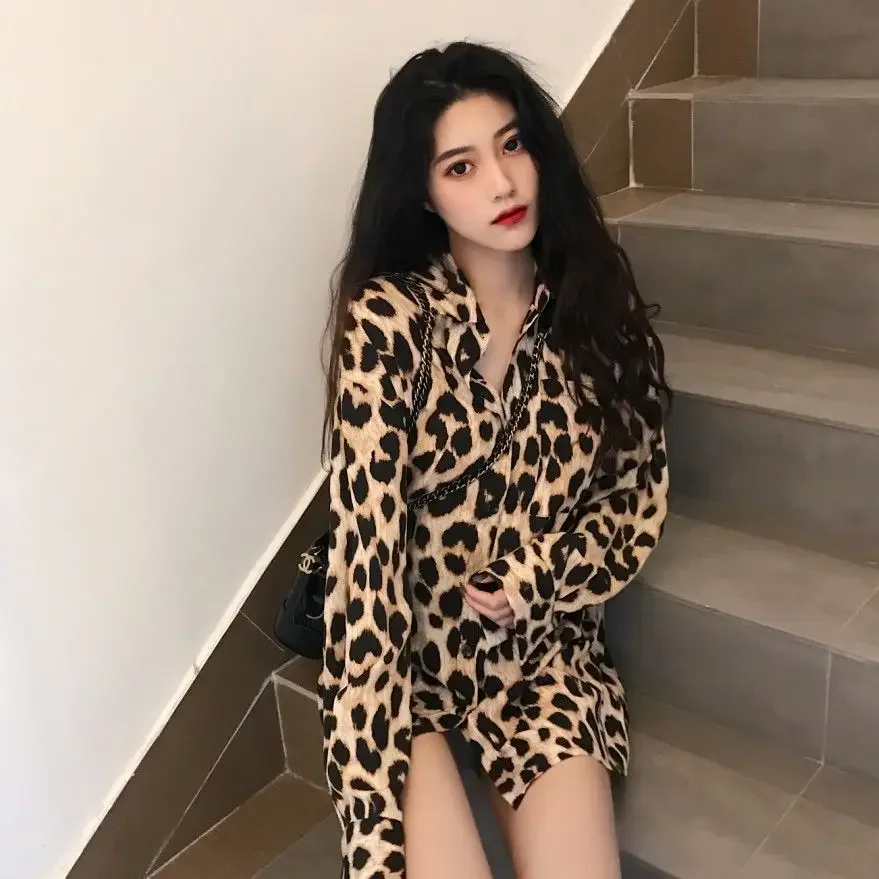 Style Summer Loose Leopard Print Shirt Retro Long Sleeve Shirt Top Blusas Ropa De Mujer