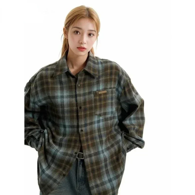 EBAIHUIFrench, camisa Vintage a cuadros de manga larga para mujer, blusa de solapa de calle alta para primavera y otoño, Top informal holgado Simple