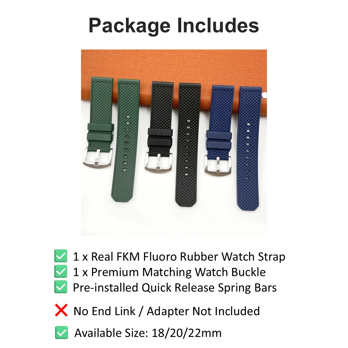 FKM Fluoro Rubber Watch Strap, Carbon Fiber Grid Texture, Flat End Quick Release With Buckle