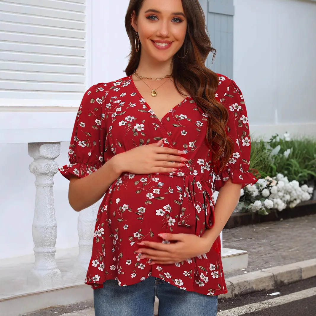 الأم الحامل الخامس الرقبة قابل للتعديل الخصر الرضاعة الطبيعية ارتداء بلوزة المرأة الحمل بلايز الأمومة تي شيرت للاستخدام اليومي