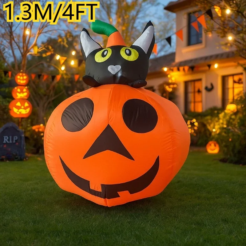 

1,3 м/4 фута надувные игрушки на Хэллоуин, черный кот, сидит на тыкве со светодиодными фонарями, украшение на открытом воздухе, двор, домашняя вечеринка, сад, двор