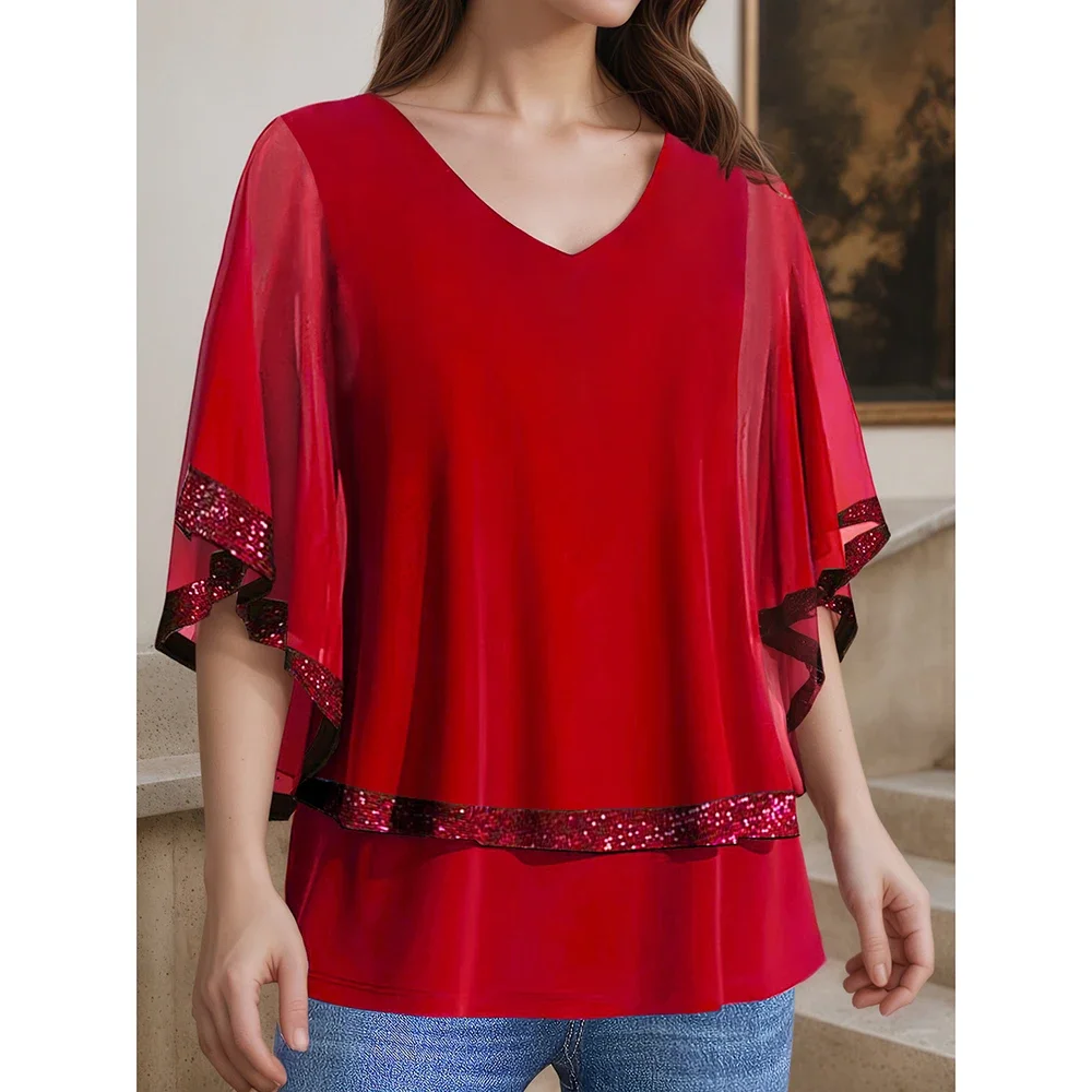 

Women's Plus Size Elegant Sequins Blouse Mesh Patchwork Tierred Short Sleeves V-Neck Summer Pullovers Loose Office Lady Blouses