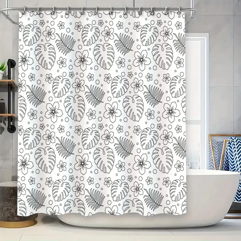 

Black White Monstera Palm Leaf Shower Curtain with Flower Decorations Rectangular Bath Rug Mat Cover for Bathroom Decoration 72