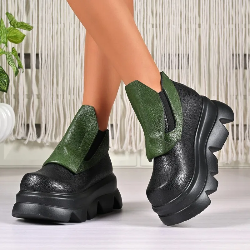 

Platform Booties 2025 Autumn and Winter New Round Toe Knot Sleeve Anti-Slide Heel Leather Shoes