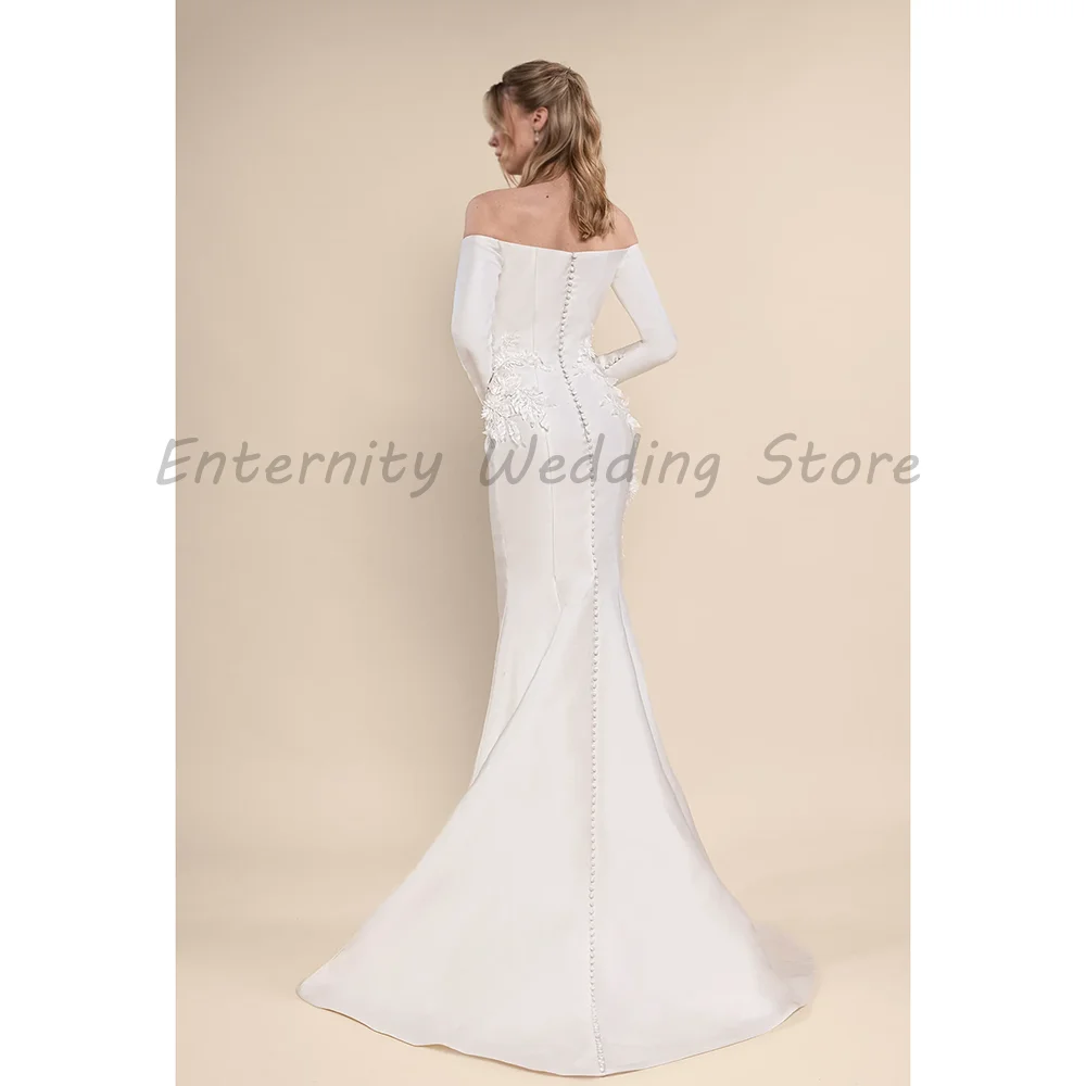 Off The Shoulder Satin Mermaid Wedding Dress Long Sleeve Deep V Neck 3D Floral Appliques Bridal Gown With Chapel Train For Bride