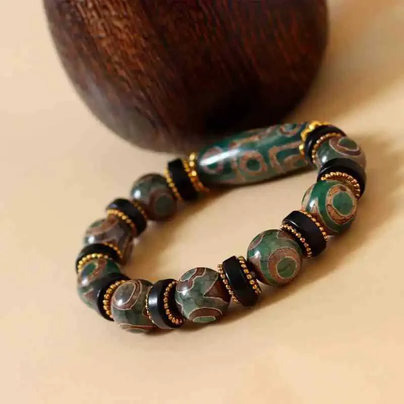 Tibet agate three-eye dzi bead hand ancient method Tibetan sky eye old agate bracelet old agate dzi bead bracelet