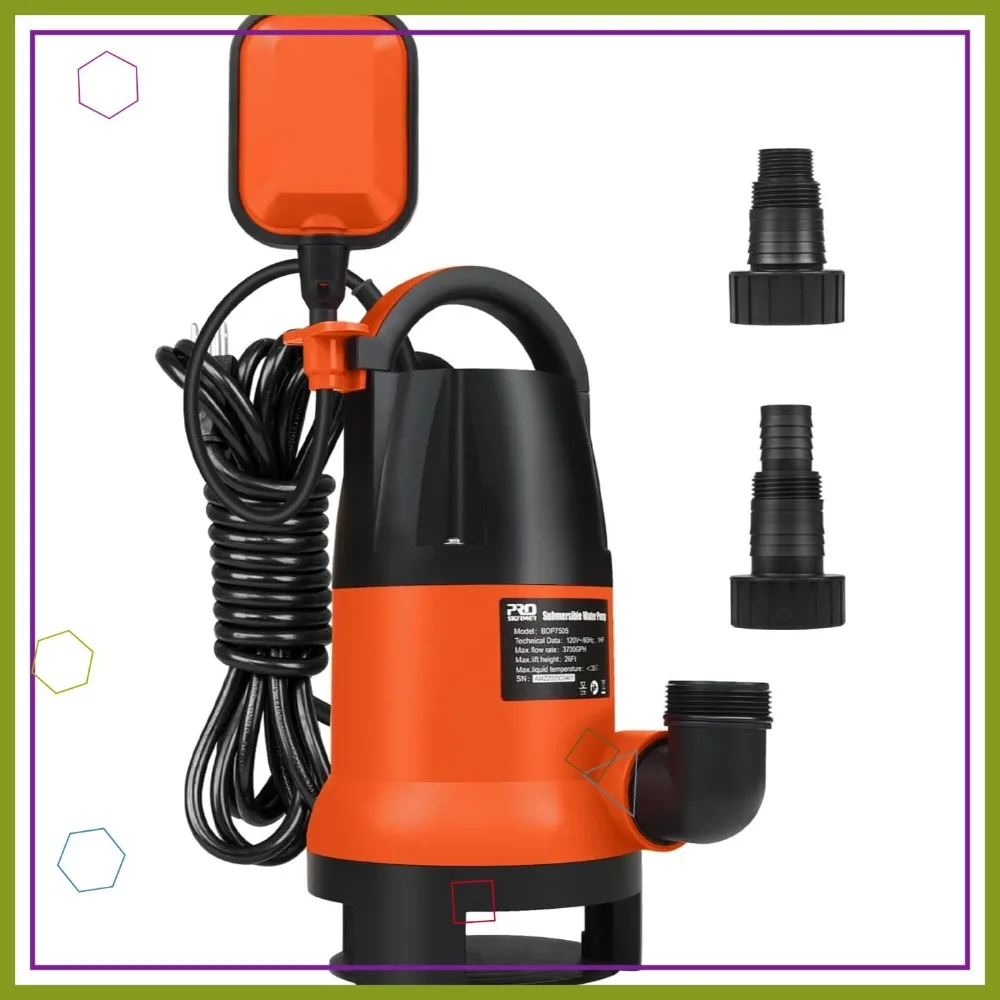 

1HP 3700GPH Submersible Pump for Clean/Dirty Water, Auto Float Switch for Pool, Pond, Garden, Flooded Cellar