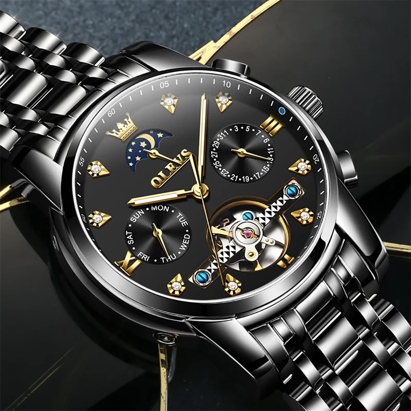

OLEVS Лидирующий бренд Skeleton Tourbillon Механические мужские наручные часы Черная сталь Светящиеся фазы Луны Автоматические мужские часы Relogio