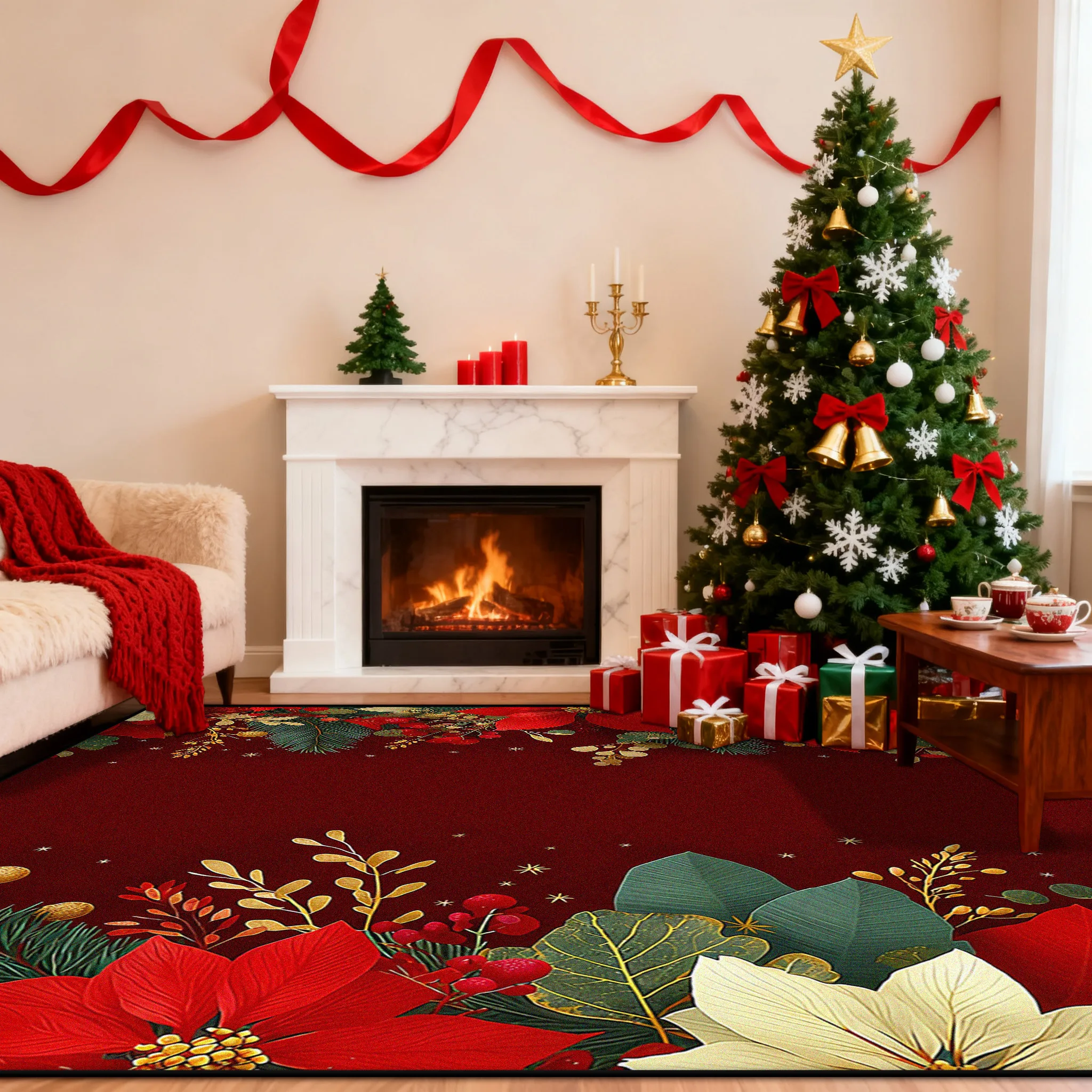 American Christmas Flower Red Fluffy Living Room Carpet Luxury Non-slip Soft Rug for Fireplace Easy Clean Short Velvet Floor Mat