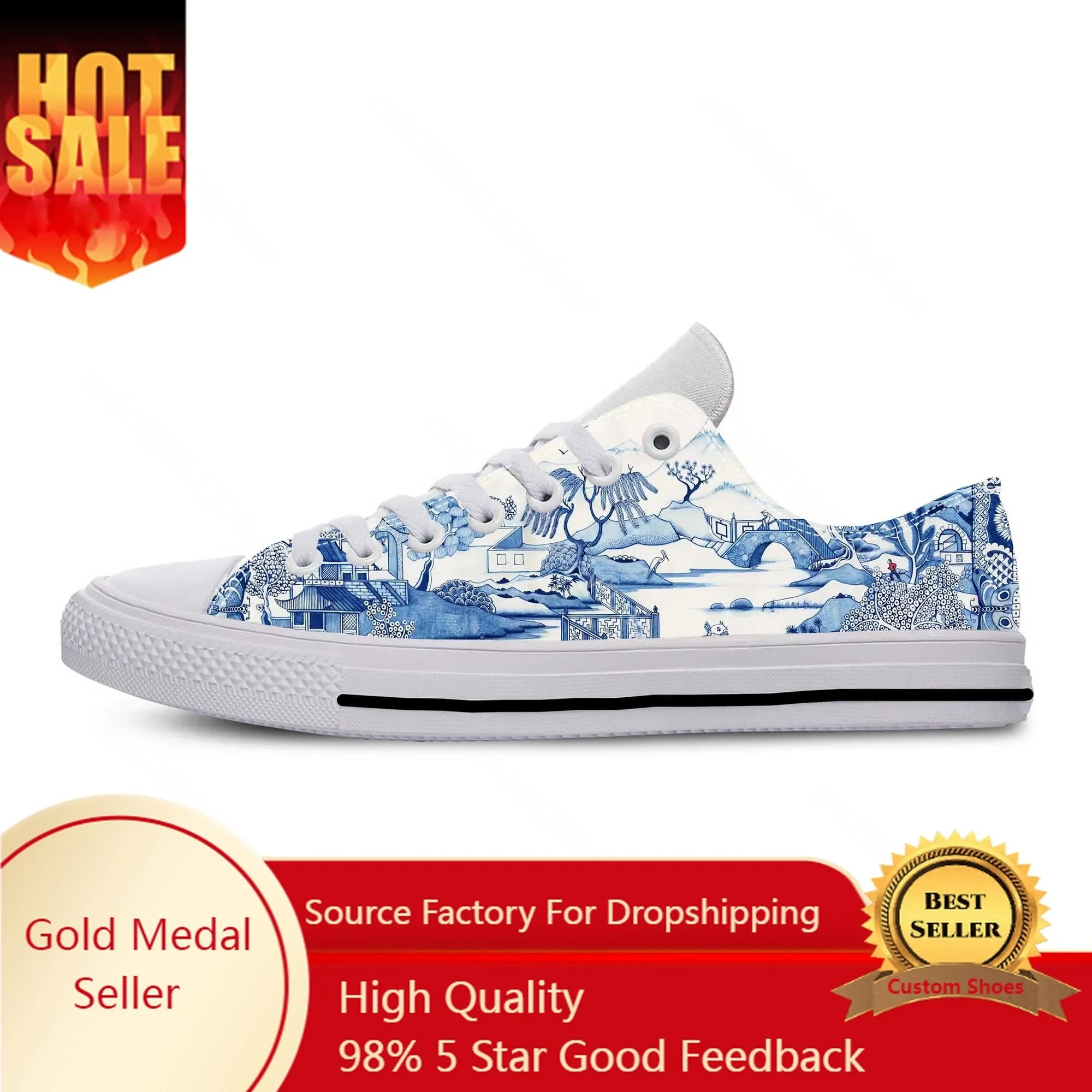 

Blue White Willow Pagoda Chinoiserie China Pattern Casual Cloth Shoes Low Top Comfortable Breathable 3D Print Men Women Sneakers