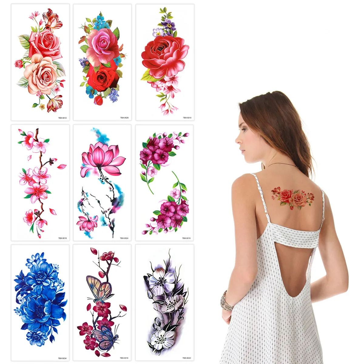 

9pcs Flower Temporary Tattoos Waterproof Stickers For Adults Long Lasting Body Art Easy Apply Remove Parties Beach Festivals