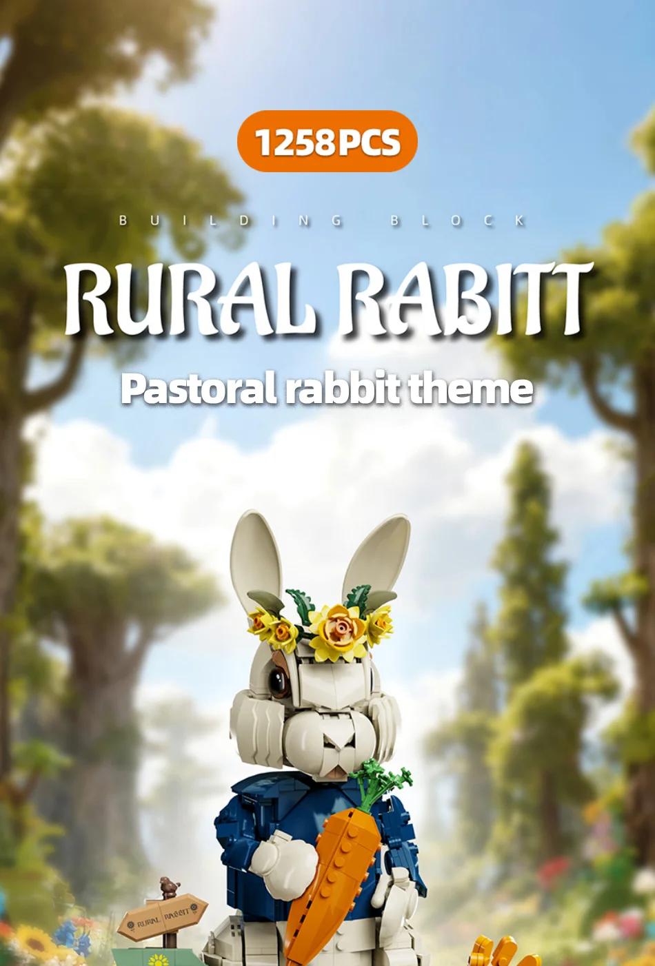 Creative 1258Pcs Pastoral Rabbit Animal Figrues Building Blocks Home Decoration Rural Flowers Rabbit Assemble Toys Birthday Gift