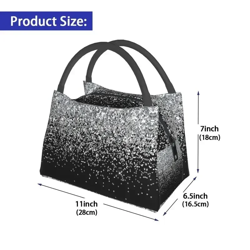 Borsa tote per il pranzo isolata scintillante di lusso con glitter argento per le donne Borsa termica portatile per il pranzo al sacco da lavoro