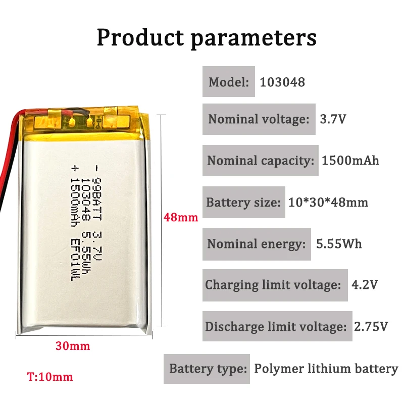 103048 3.7V 1500mAh Lipo Battery Polymer Lithium Batteries for Bluetooth Speaker Headset Electric Toothbrush Rechargeable Cell