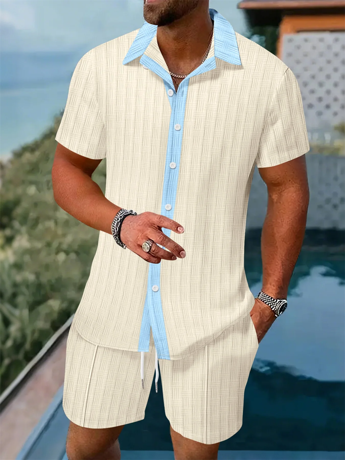 

2025 European and American men's Summer new fashion color-blocking short-sleeved shirt casual beach set