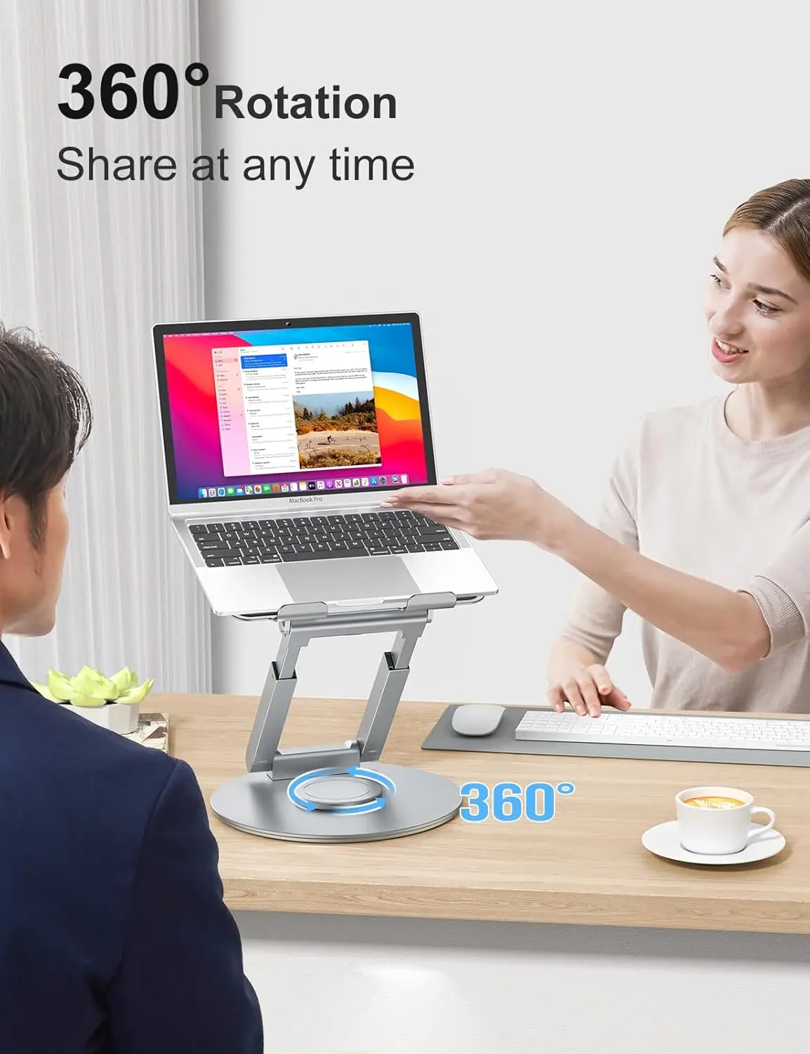 Telescopic Laptop Stand, 360° Swivel, Height Adjustable, Portable Riser for Good Posture, Fits 10-17' Laptops - Silver
