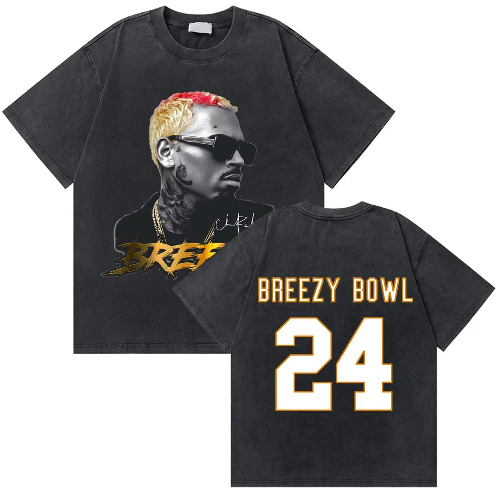 

Retro Washed Rapper Chris Brown Graphic T-shirt Breezy Bowl XX World Tour 2025 T Shirts Men Fashion Hip Hop Oversized Streetwear