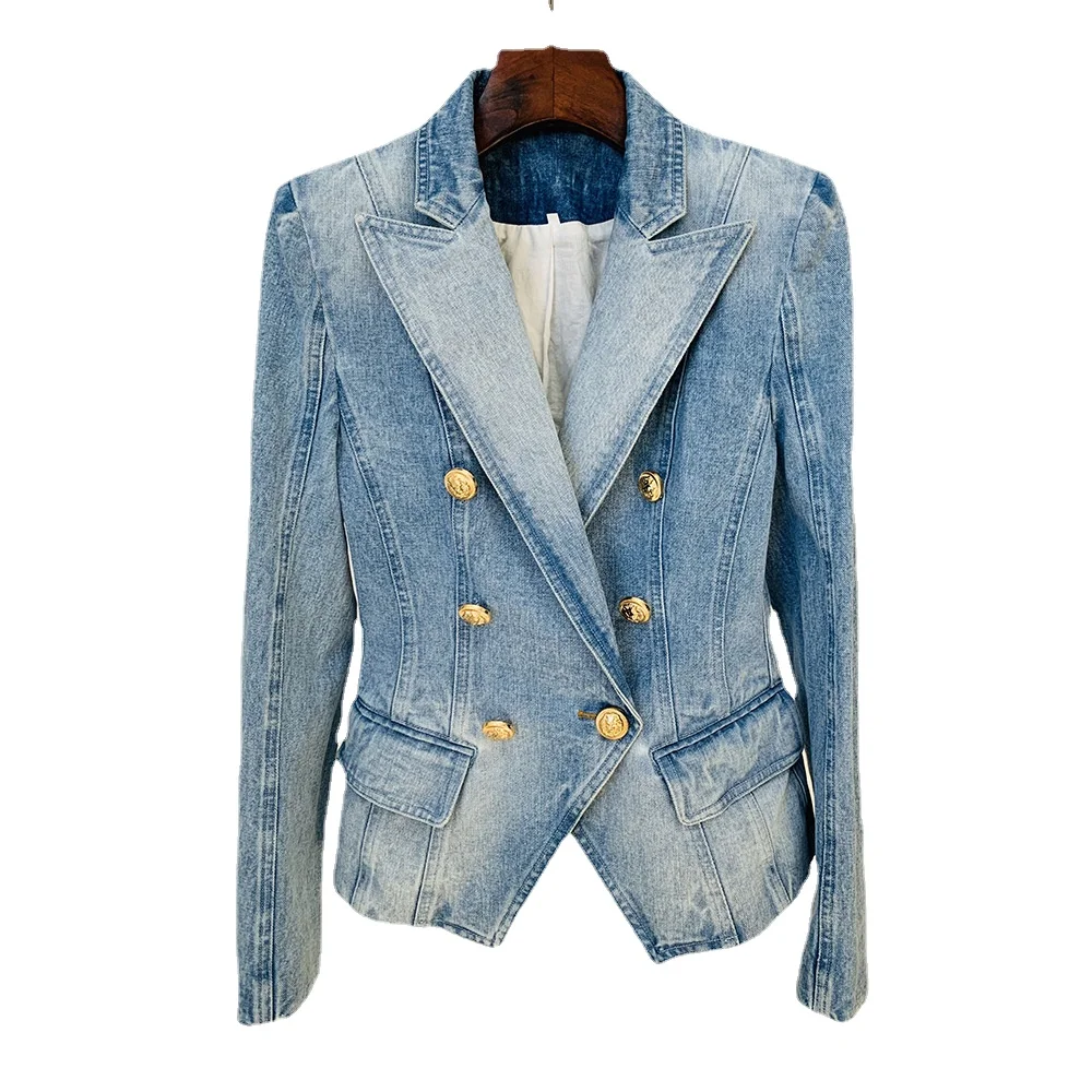 

Women's Modern Blazers 2024 New in Outerwears Ladies Elegant Women's Blazers Metal Lion's Head Buckle Denim Suit Jacket Spring