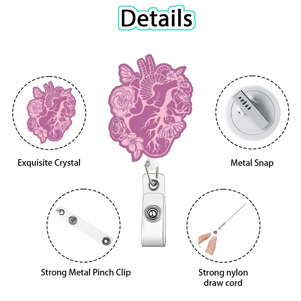 Retractable Id Badge Reel Pink Floral Anatomical Pattern Badge Holder With Metal Clip For Healthcare Workers Id Card Holder Clip